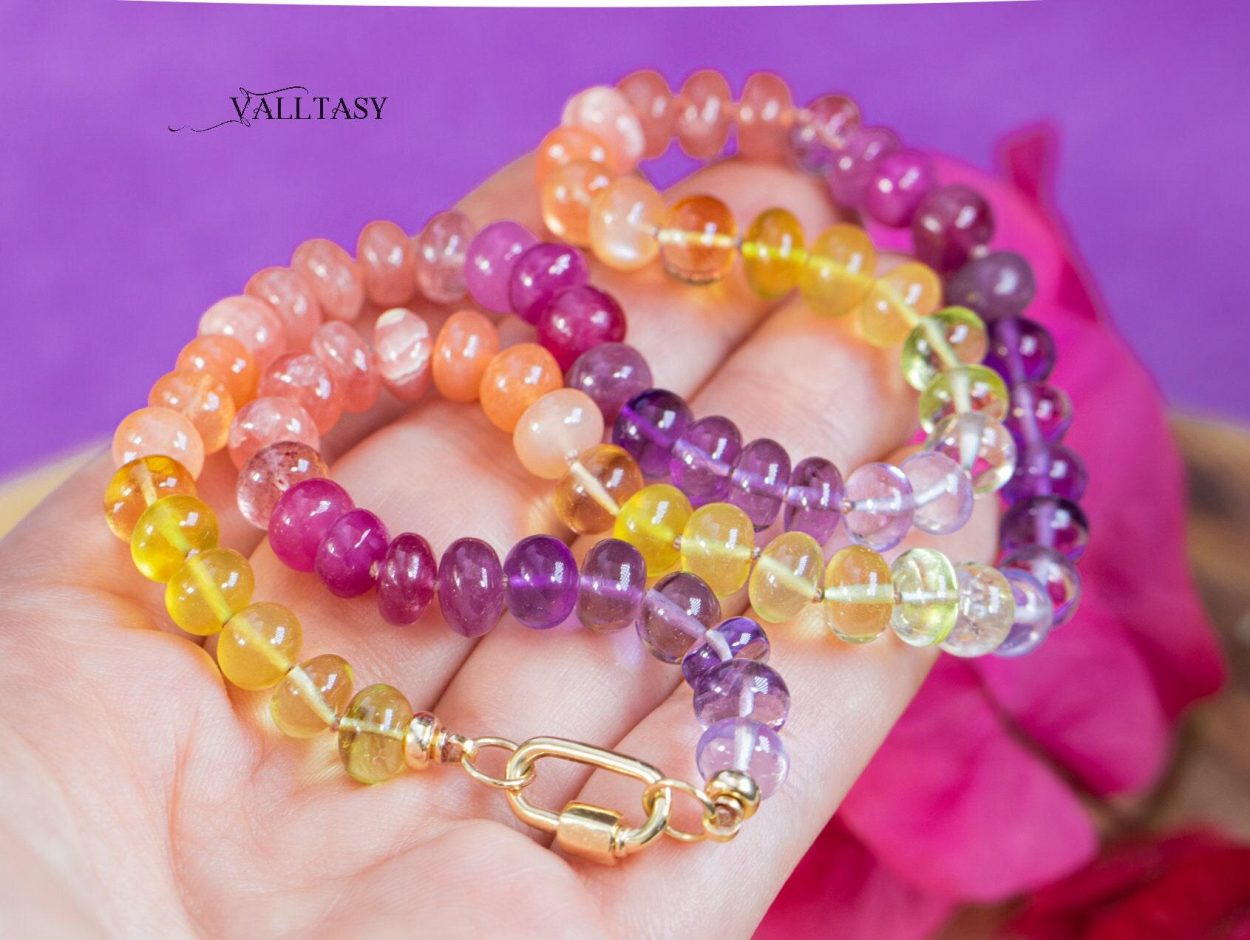 - Solid Gold 14K Silk Knotted Sunset Inspired Multi Gemstone Necklace