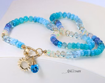 - Solid Gold 14K Silk Knotted Topaz, Larimar, Aquamarine and Opal Necklace