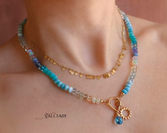 - Solid Gold 14K Silk Knotted Topaz, Larimar, Aquamarine and Opal Necklace