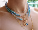 - Solid Gold 14K Silk Knotted Topaz, Larimar, Aquamarine and Opal Necklace