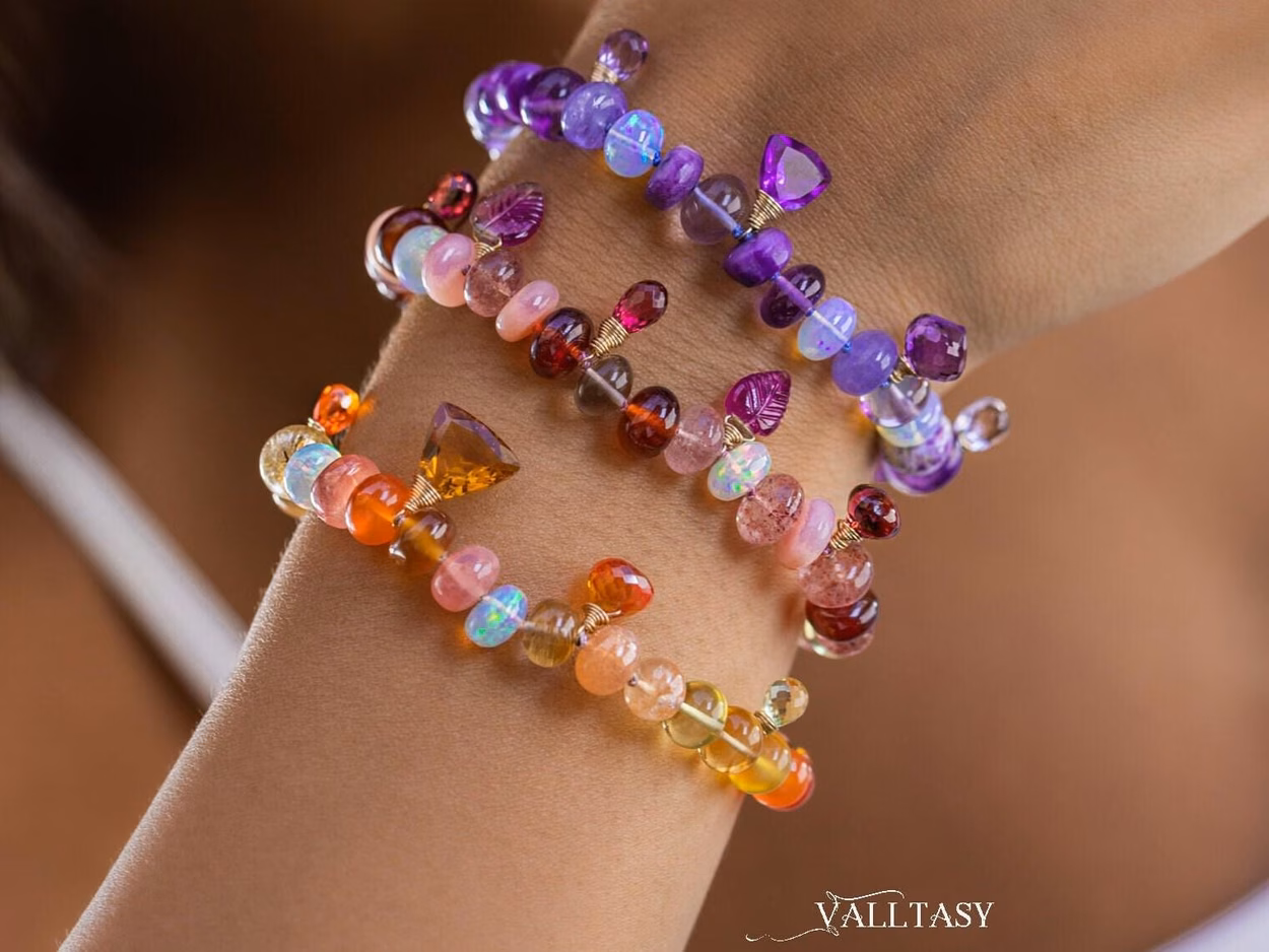 - Solid Gold 14K Spicy Silk Knotted Bracelet with Opals and Peach, Yellow Orange Gemstones