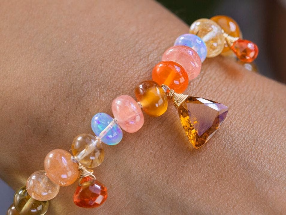 - Solid Gold 14K Spicy Silk Knotted Bracelet with Opals and Peach, Yellow Orange Gemstones