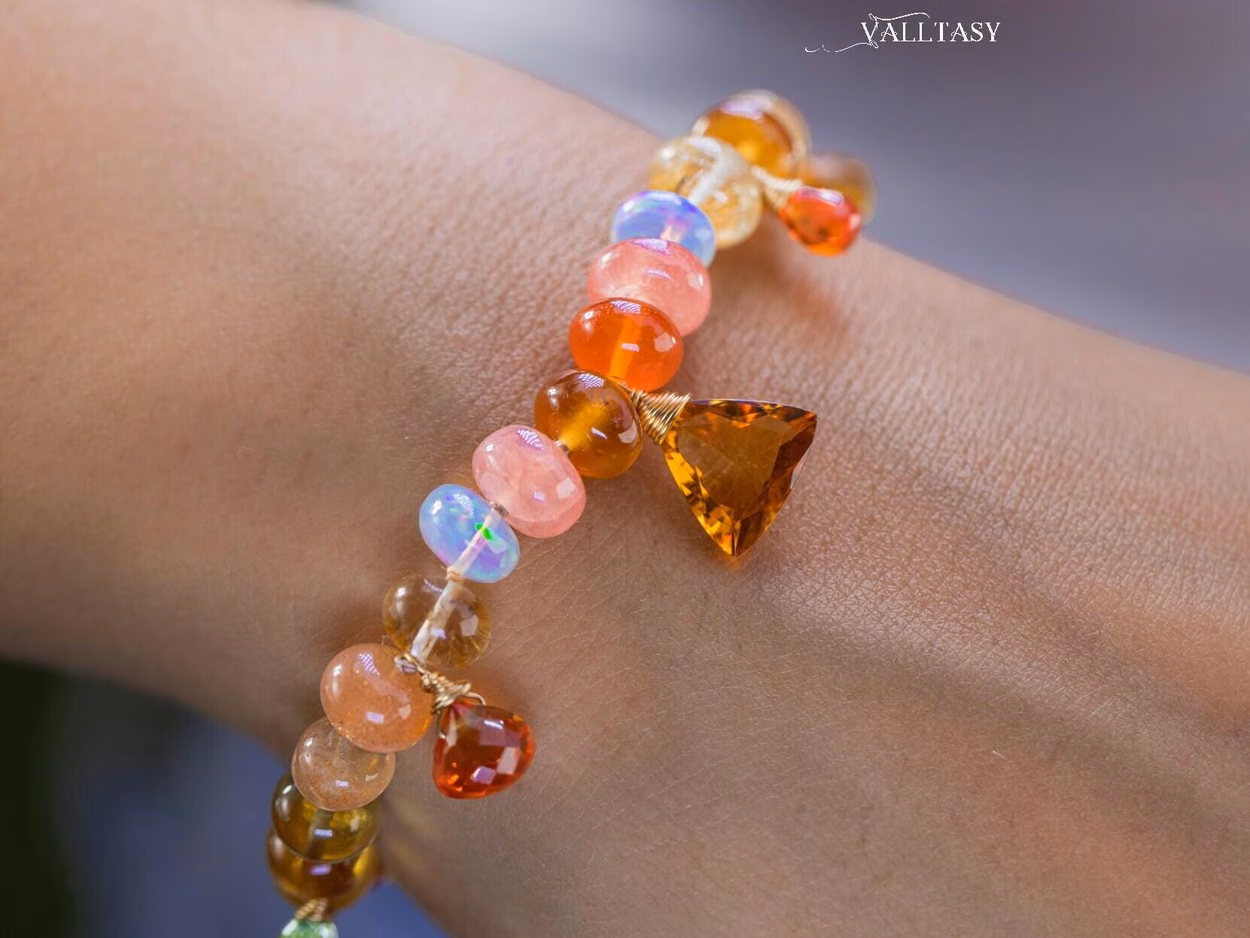 - Solid Gold 14K Spicy Silk Knotted Bracelet with Opals and Peach, Yellow Orange Gemstones