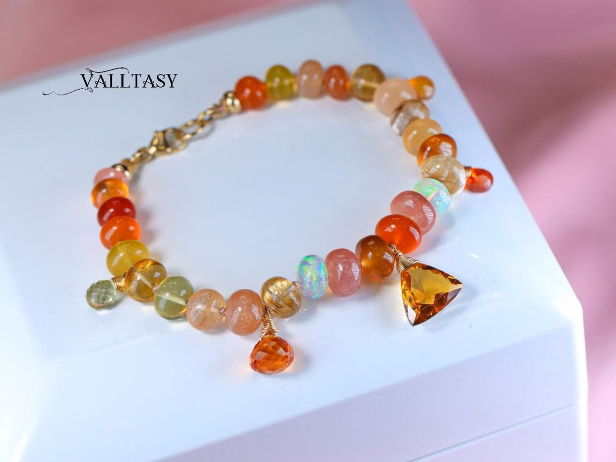 - Solid Gold 14K Spicy Silk Knotted Bracelet with Opals and Peach, Yellow Orange Gemstones