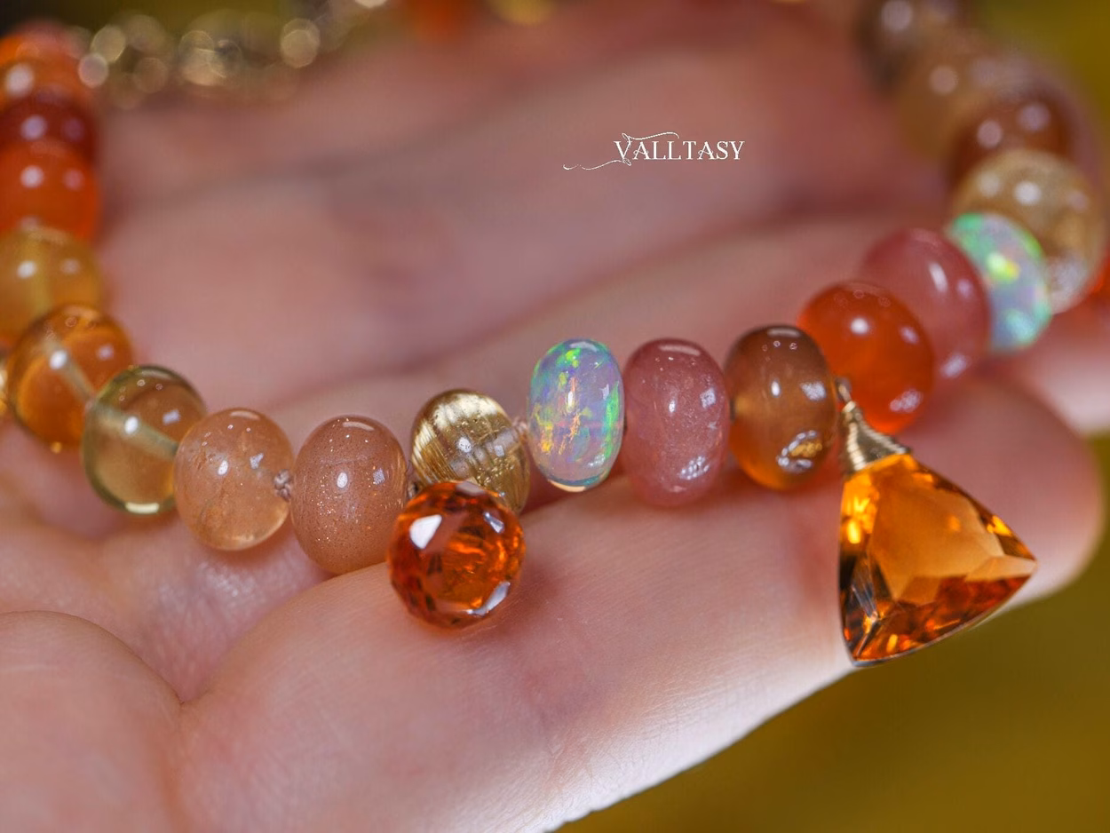 - Solid Gold 14K Spicy Silk Knotted Bracelet with Opals and Peach, Yellow Orange Gemstones