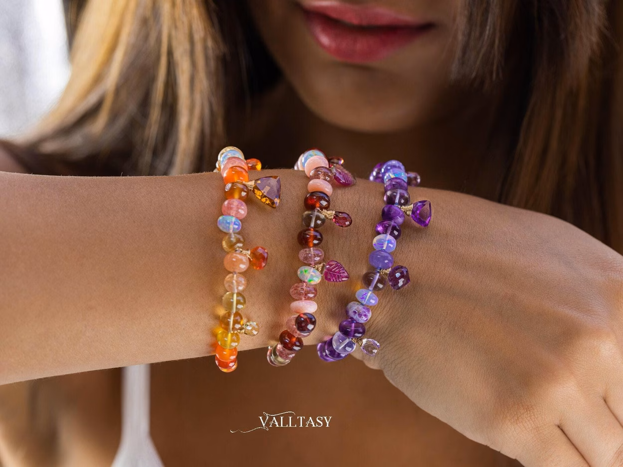 - Solid Gold 14K Spicy Silk Knotted Bracelet with Opals and Peach, Yellow Orange Gemstones