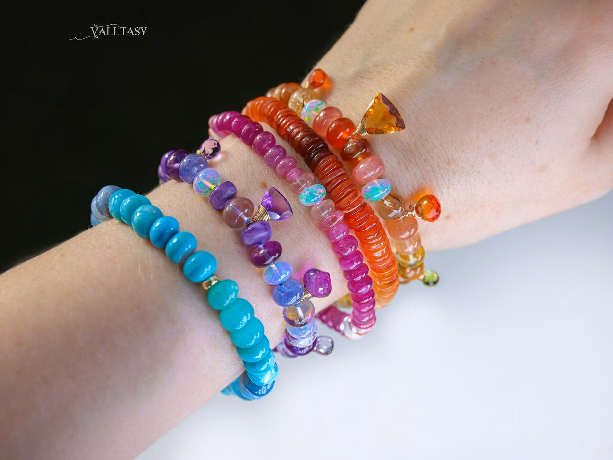 - Solid Gold 14K Spicy Silk Knotted Bracelet with Opals and Peach, Yellow Orange Gemstones