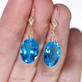 The Serene Earrings - Solid Gold 14K Swiss Blue Topaz Oval Earrings, Genuine Swiss Blue Topaz Earrings