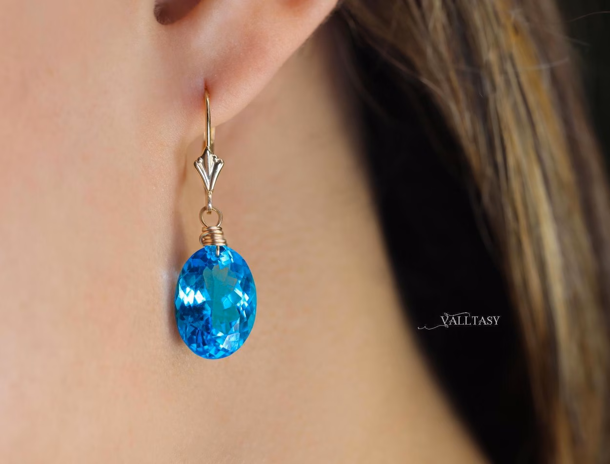 - Solid Gold 14K Swiss Blue Topaz Oval Earrings, Genuine Swiss Blue Topaz Earrings