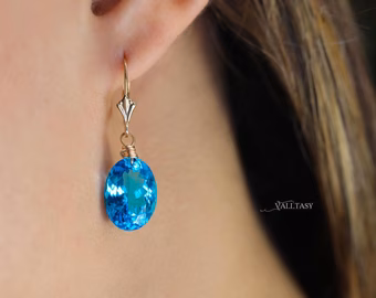 - Solid Gold 14K Swiss Blue Topaz Oval Earrings, Genuine Swiss Blue Topaz Earrings
