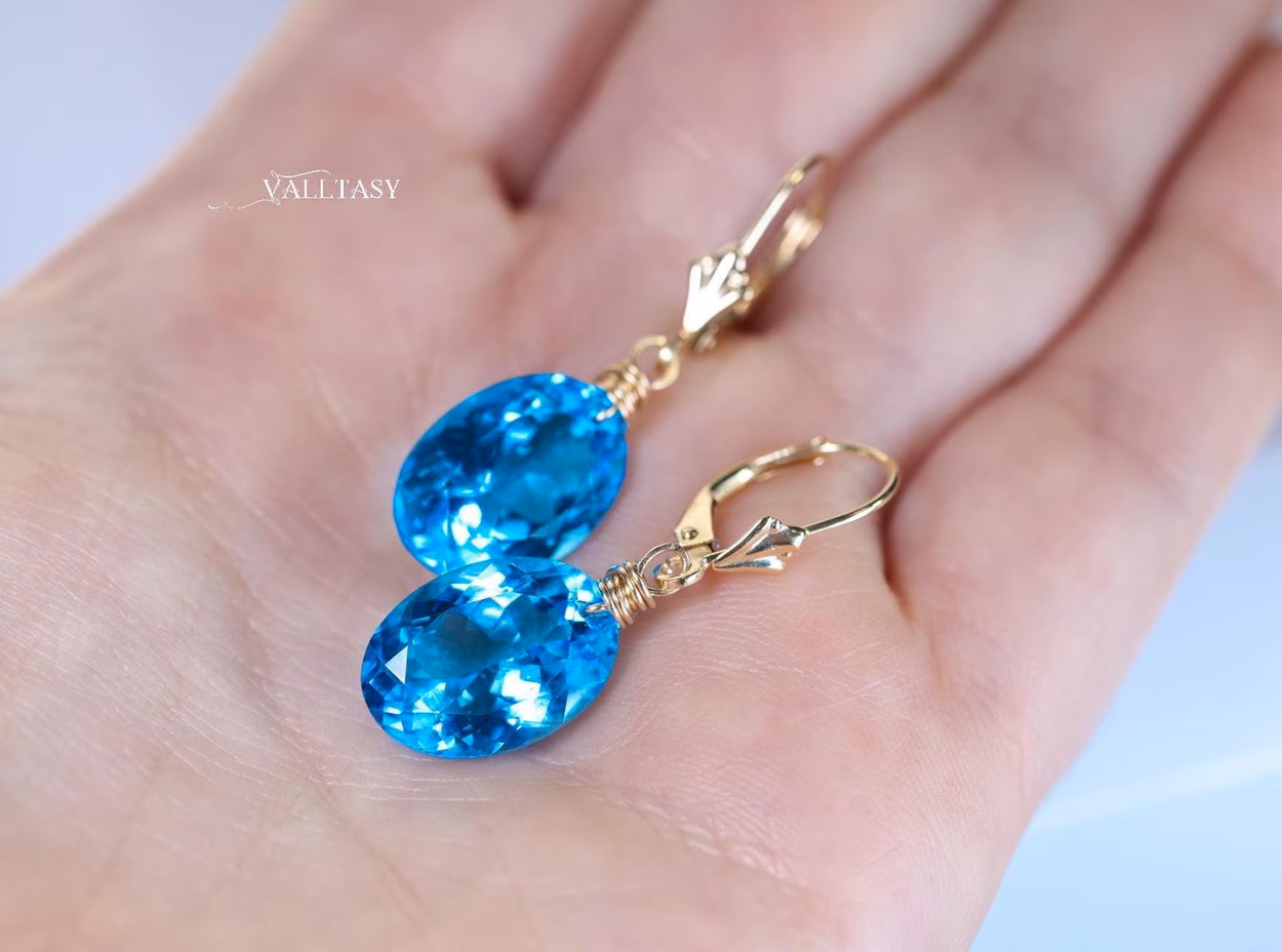 - Solid Gold 14K Swiss Blue Topaz Oval Earrings, Genuine Swiss Blue Topaz Earrings