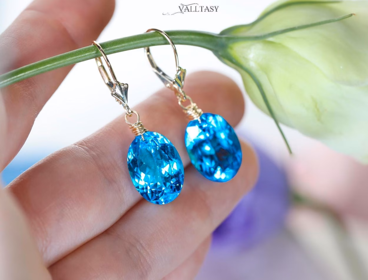 - Solid Gold 14K Swiss Blue Topaz Oval Earrings, Genuine Swiss Blue Topaz Earrings