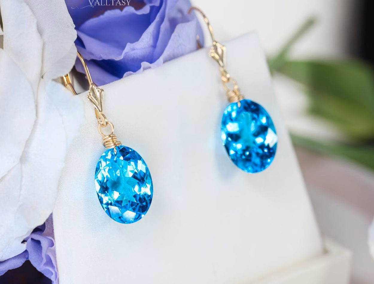 - Solid Gold 14K Swiss Blue Topaz Oval Earrings, Genuine Swiss Blue Topaz Earrings