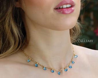 - Solid Gold 14K Swiss Blue Topaz Precious Gemstone Necklace