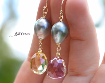 - Solid Gold 14K Tahitian Pearl Earrings with Ametrine and Lemon Quartz, One of a Kind