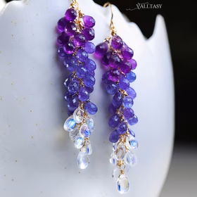 The Wisteria Earrings - Solid Gold 14K Tanzanite and Rainbow Moonstone Long Gemstone Earrings, Multi Stone Drop Cluster Earrings