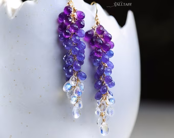 - Solid Gold 14K Tanzanite and Rainbow Moonstone Long Gemstone Earrings, Multi Stone Drop Cluster Earrings