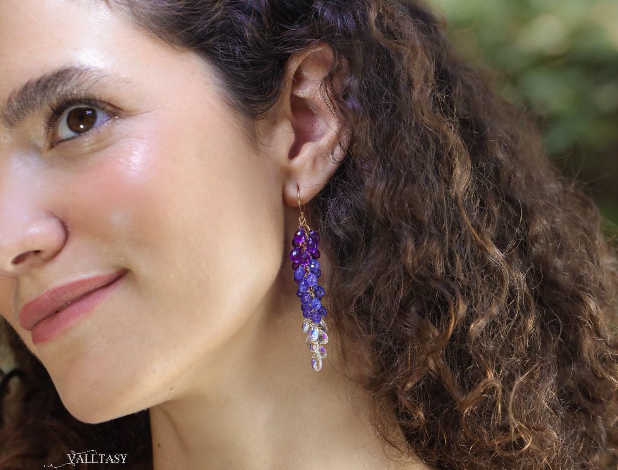 - Solid Gold 14K Tanzanite and Rainbow Moonstone Long Gemstone Earrings, Multi Stone Drop Cluster Earrings