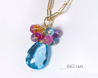 - Solid Gold 14K Topaz Charm with a Multi Gemstone Cluster