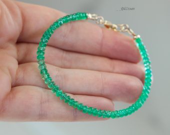 - Solid Gold 14K Zambian Emerald Bracelet, Genuine Emerald Stacking Beaded Bracelet