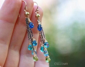 - Tassel Earrings with Multi Gemstone Precious Stones, Mixed Metal Earrings