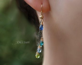 - Tassel Earrings with Multi Gemstone Precious Stones, Mixed Metal Earrings