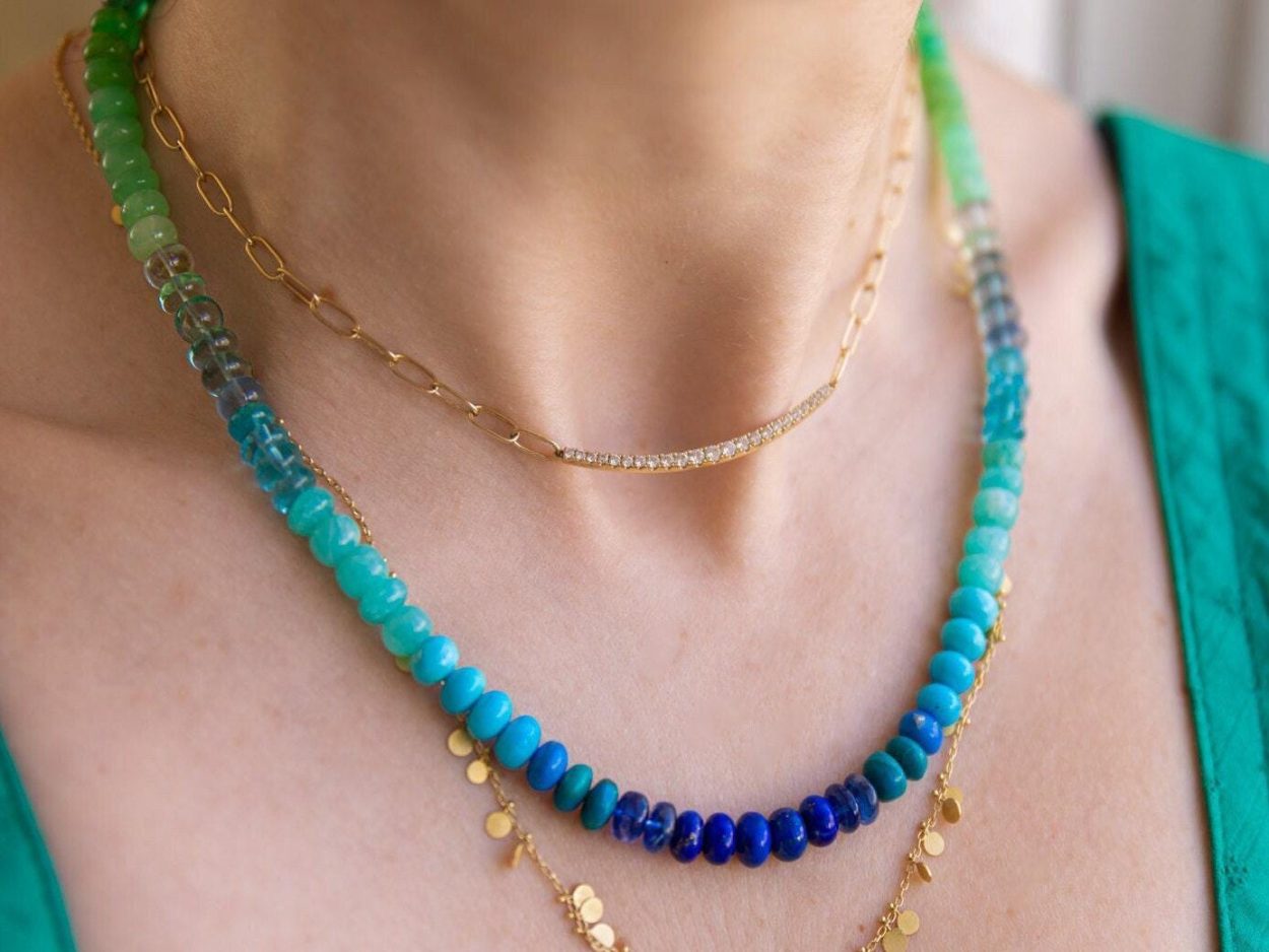 - Turquoise Emerald Necklace in 14K Solid Gold, Aqua Blue green Gemstone Beaded Necklace