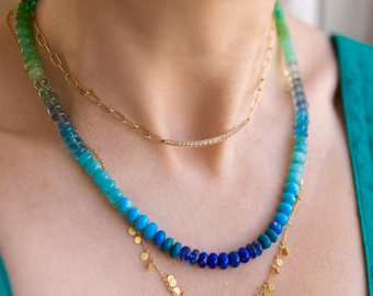 - Turquoise Emerald Necklace in 14K Solid Gold, Aqua Blue green Gemstone Beaded Necklace