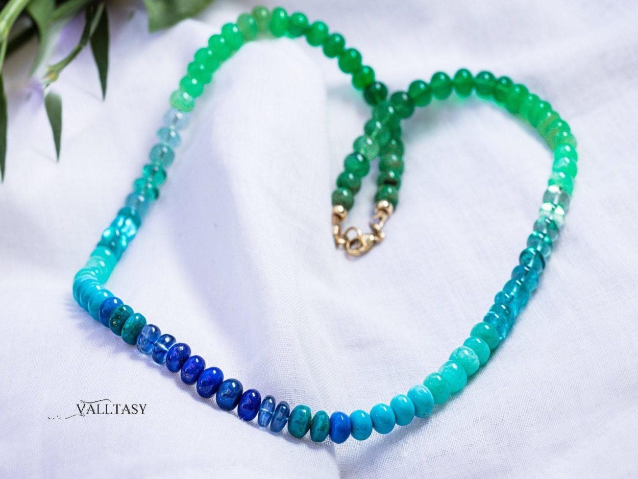 - Turquoise Emerald Necklace in 14K Solid Gold, Aqua Blue green Gemstone Beaded Necklace