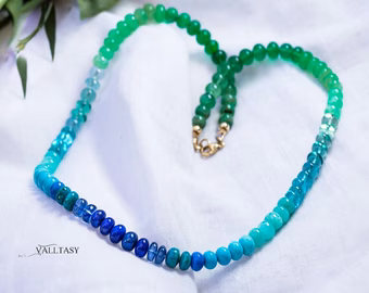 - Turquoise Emerald Necklace in 14K Solid Gold, Aqua Blue green Gemstone Beaded Necklace