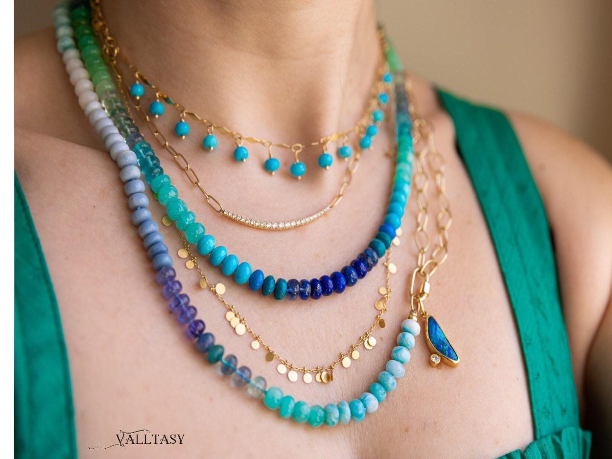 - Turquoise Emerald Necklace in 14K Solid Gold, Aqua Blue green Gemstone Beaded Necklace
