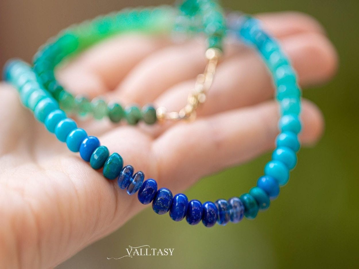 - Turquoise Emerald Necklace in 14K Solid Gold, Aqua Blue green Gemstone Beaded Necklace