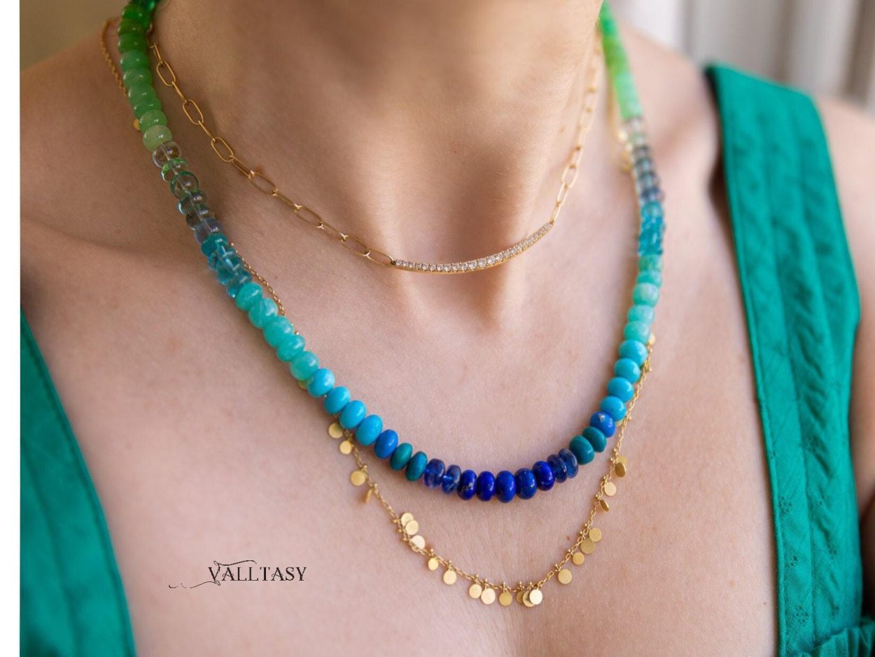 - Turquoise Emerald Necklace in 14K Solid Gold, Aqua Blue green Gemstone Beaded Necklace