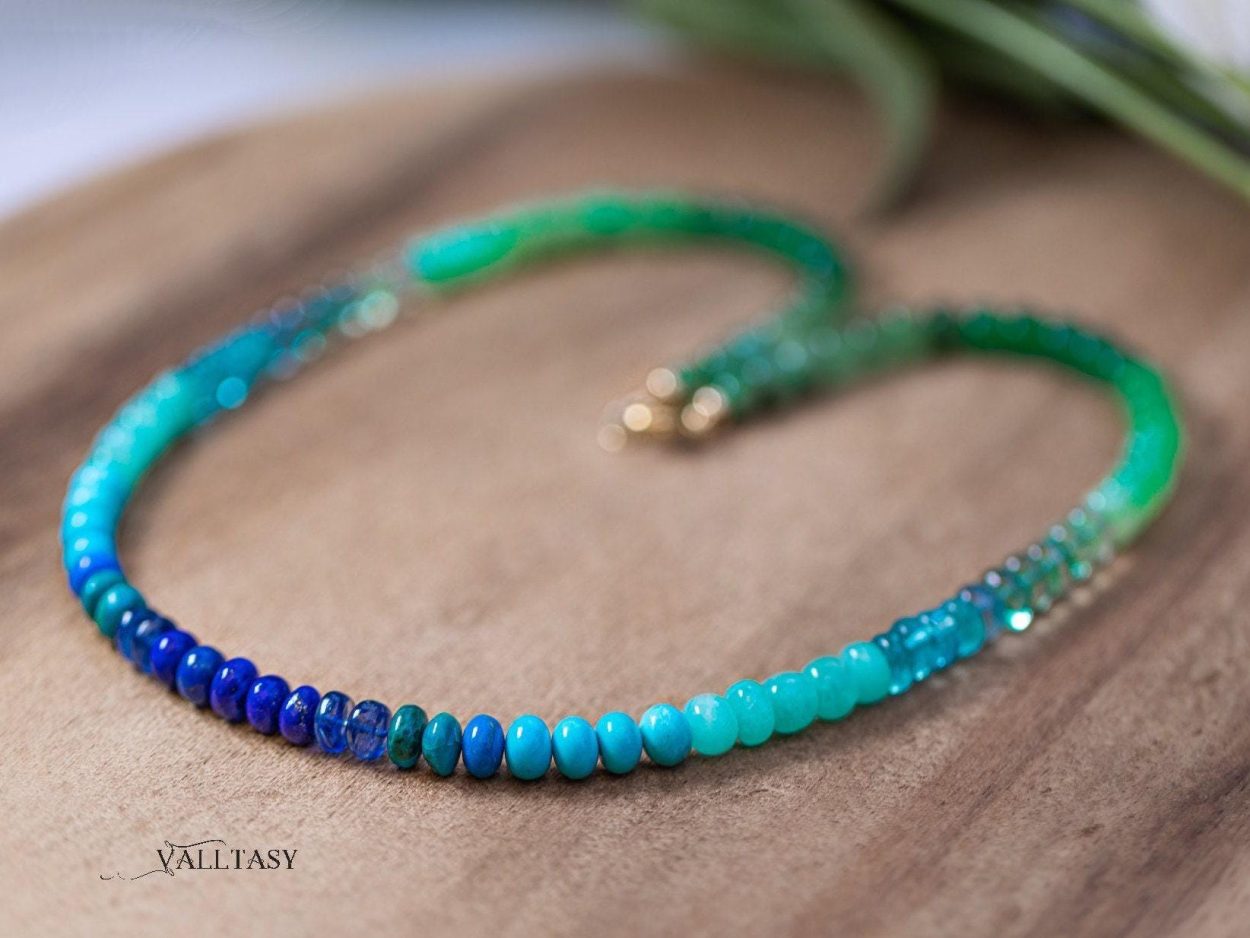- Turquoise Emerald Necklace in 14K Solid Gold, Aqua Blue green Gemstone Beaded Necklace
