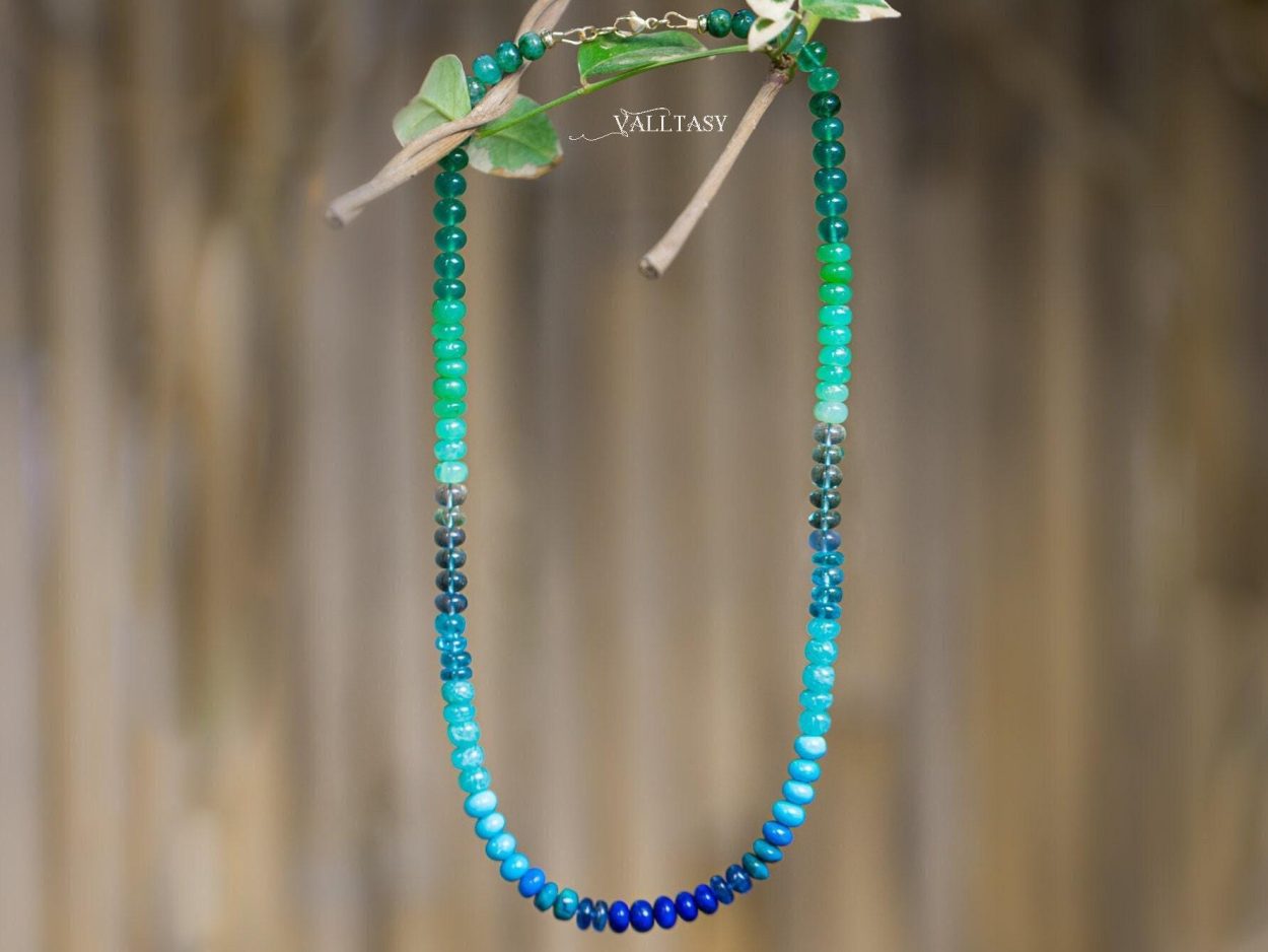 - Turquoise Emerald Necklace in 14K Solid Gold, Aqua Blue green Gemstone Beaded Necklace