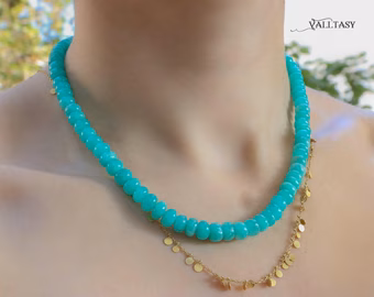- Vibrant Amazonite Necklace in 14K Solid Gold, Aqua Blue Gemstone Beaded Necklace