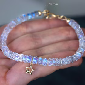 The Star Bracelet - Solid Gold 14K Rainbow Moonstone Blue Fire Bracelet, Moonstone Bracelet with a Star Charm