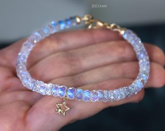 - Solid Gold 14K Rainbow Moonstone Blue Fire Bracelet, Moonstone Bracelet with a Star Charm