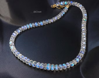 - Solid Gold 14K Rainbow Moonstone Necklace, Moonstone Beaded Necklace