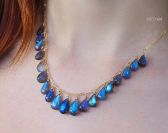 - 14K Solid Gold Blue Labradorite Necklace, Drop Necklace