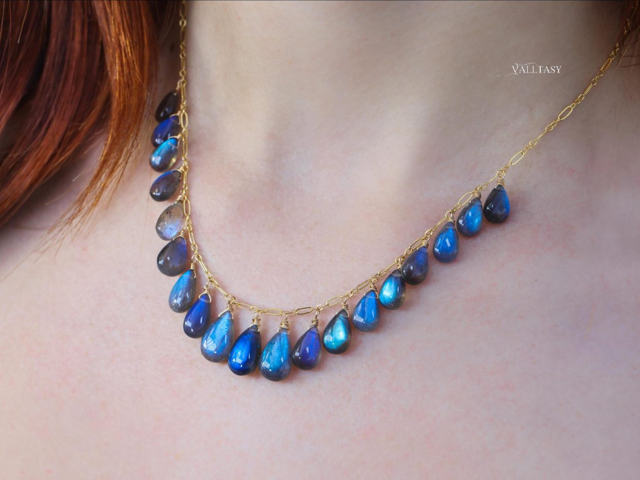 - 14K Solid Gold Blue Labradorite Necklace, Drop Necklace