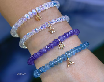 - Solid Gold 14K Gemstone Beaded Bracelet with a Charm - your choice of bracelet