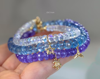 - Solid Gold 14K Gemstone Beaded Bracelet with a Charm - your choice of bracelet