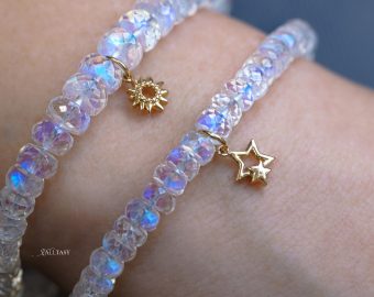 - Solid Gold 14K Rainbow Moonstone Blue Fire Bracelet, Moonstone Bracelet with a Star Charm