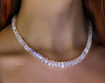 - Solid Gold 14K Rainbow Moonstone Necklace, Moonstone Beaded Necklace