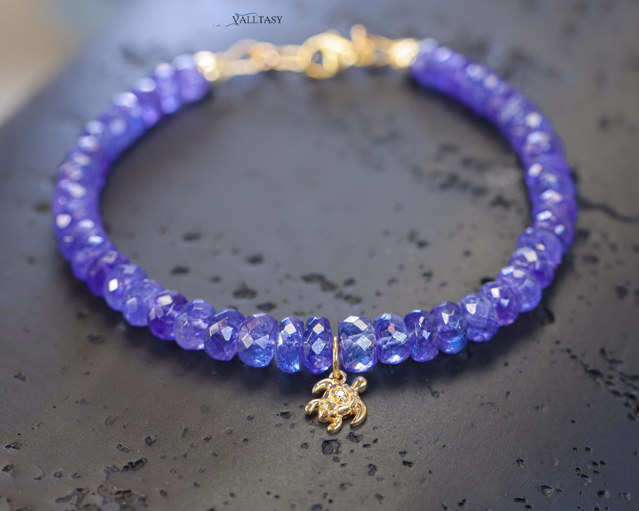 Solid Gold 14K Tanzanite Bracelet with a Diamond Turtle Charm