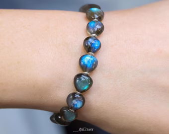 - Sterling Silver Labradorite Bracelet, Bold Blue Flash Labradorite Beaded Bracelet