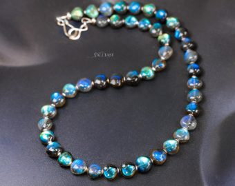 - Sterling Silver Labradorite Necklace, Bold Blue Labradorite Beaded Necklace
