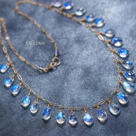 The Moon Reflections Necklace – 14K Solid Gold Rainbow Moonstone Necklace, Deep Blue Fire Moonstone Drop Necklace