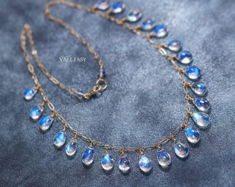 - 14K Solid Gold Rainbow Moonstone Necklace, Deep Blue Fire Moonstone Drop Necklace